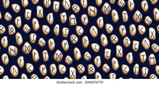 Runes seamless ethnic pattern. Runic alphabet, Futhark. Ancient norse occult symbols, black vikings letters carved in stone, rune font. Design for fabric, wallpaper, scrapbook, wrapping. Vector