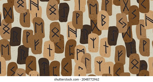 Runes seamless ethnic pattern. Runic alphabet, Futhark. Ancient norse occult symbols, black vikings letters on brown, rune font. Design for fabric, wallpaper, scrapbook, wrapping. Vector illustration