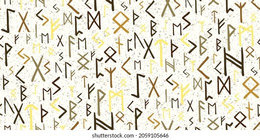 Runes seamless ethnic pattern. Runic alphabet, Futhark. Ancient norse occult symbols, colorbvikings letters on white, rune font. Design for fabric, wallpaper, scrapbook, wrapping. Vector illustration