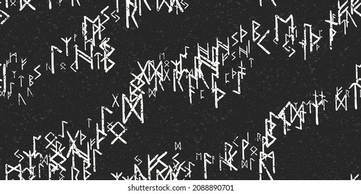 Runes seamless ethnic pattern. Runic alphabet, Futhark. Ancient norse occult symbols, vikings letters on black, rune font. Design for fabric, wallpaper, scrapbook, wrapping. Vector illustration