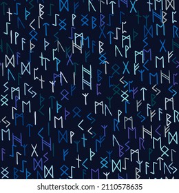 Runes seamless ethnic pattern. Runic alphabet, Futhark. Ancient norse occult symbols, bright vikings letters on dark blue, rune font. Design for fabric, wallpaper, scrapbook, wrapping. Vector