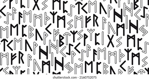 Runes seamless ethnic pattern. Runic alphabet, Futhark. Ancient norse occult symbols, vikings letters on black, rune font. Design for fabric, wallpaper, scrapbook, wrapping. Vector illustration