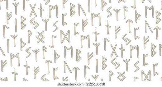 Runes seamless pattern. Runic alphabet, Futhark. Ancient norse occult symbols, writing ancient Germans and Scandinavians. Mystical, esoteric, magic symbols. Fortune telling, predicting future. Vector