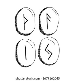 Runes. A set of isolated characters on a white background. Linear black- and- white drawing by hand. Vector illustration. Design elements.