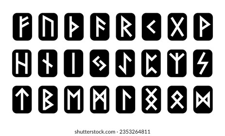 Runes set. Rune alphabet, futhark. Writing ancient Germans and Scandinavians. Mystical symbols. Esoteric, occult, magic. Fortune telling, predicting the future. Isolated Vector illustration