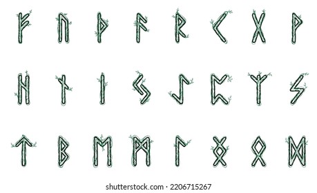 Runes SET WOODEN color. Doodle style. A magical amulets. Elder Futhark. The alphabet is Nordic and Northern. Viking letters. Magic tattoo.