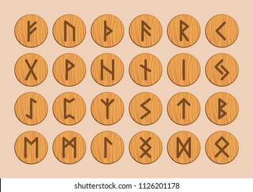 Runes. Vector runic alphabet. Old Norse, Scandinavian, Icelandic, German and Anglo-Saxon round symbols. Sign, icon. Wood engraving. Beige color