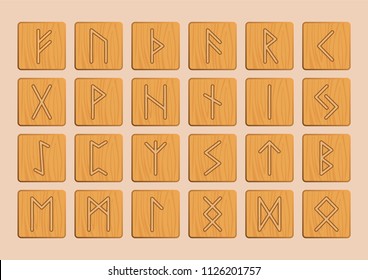 Runes. Vector runic alphabet. Old Norse, Scandinavian, Icelandic, German and Anglo-Saxon round symbols. Sign, icon. Wood engraving. Beige color