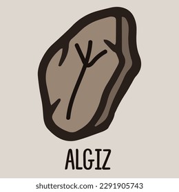 Runic algiz symbol on the stone. Icon, vector doodle illustration isolated for website, book design.