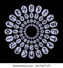 Runic alphabet in circular design. Stones to predict the future on black background.