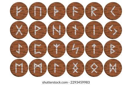 Runic Alphabet, Futhark Vector Illustration. Ancient Norse Occult Symbols. Rune Font With Brick Or Stone Texture
