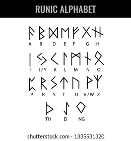 Runic Alphabet and its Latin letter interpretation. Vector illustration.