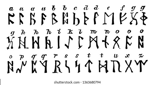 Runic Alphabet which is the complete runic alphabet, vintage line drawing or engraving illustration.