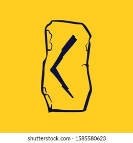Runic C letter logo from lightnings on fragments of stones. Scandinavian occult symbol, black stamping on the gold background.