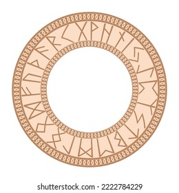 Runic circle, an ancient symbol, decorated with Scandinavian patterns. Beige fashion design