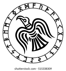 The runic circle. Futark. Inscribed into the rune circle Odin's Raven's, vector illustration