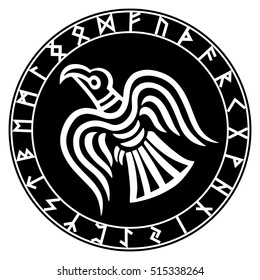 The runic circle. Futhark. Inscribed into the rune circle Odin's Raven's, vector illustration