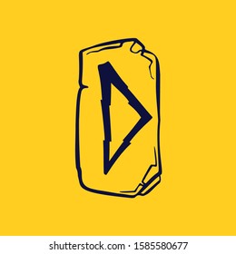 Runic D letter logo from lightnings on fragments of stones. Scandinavian occult symbol, black stamping on the gold background.