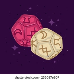 Runic dice with mystical symbols on dark background, Vector