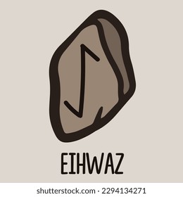 Runic eihwaz symbol on the stone. Icon, vector doodle illustration isolated for website, book, game, divination design.
