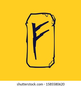 Runic F letter logo from lightnings on fragments of stones. Scandinavian occult symbol, black stamping on the gold background.