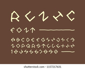 Runic font. Vector alphabet letters and numbers. Typeface design. 