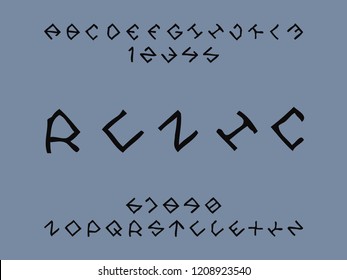 Runic font. Vector alphabet letters and numbers. Typeface design. 
