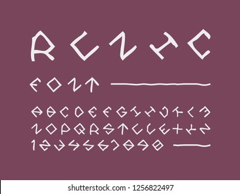 Runic font. Vector alphabet letters and numbers. Typeface design. 