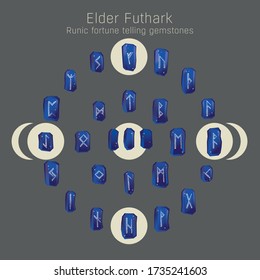 Runic fortune telling on blue gemstones. Elder Futhark Vector Runes set. Ancient German and Scandinavian runic alphabet. Mystical symbols on blue stones. Isolated illustration, game design elements