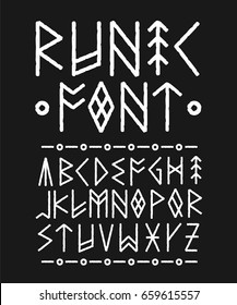 Runic Hand Drawn Nordic Viking Font.Vector Ink Brush Design.Style Of Runic Inscriptions.Ethno Mystic Nordic Viking Font Typeface Painted Ink,tattoo Type,concept.Celtic Hieroglyphs Rune Alphabet Set