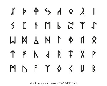 Runic hieroglyphics. Ancient nordic celtic alphabet with carved runes, old scandinavian sacred script letters germanic futhark culture signs. Vector collection of alphabet nordic illustration