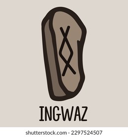 Runic ingwaz symbol on the stone. Icon, vector doodle illustration isolated for website, book, game, divination design.