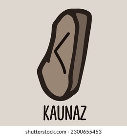 Runic kaunaz symbol on the stone. Icon, vector doodle illustration isolated for website, book, game, divination design.