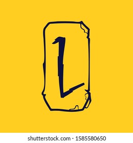 Runic L letter logo from lightnings on fragments of stones. Scandinavian occult symbol, black stamping on the gold background.