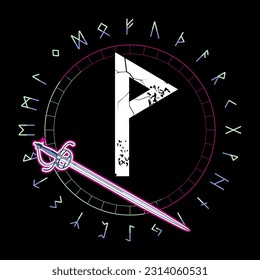 runic letter called Wunjo next to a medieval sword. vector illustration of runic alphabet in circular design. 