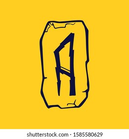 Runic A letter logo from lightnings on fragments of stones. Scandinavian occult symbol, black stamping on the gold background.