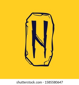 Runic N letter logo from lightnings on fragments of stones. Scandinavian occult symbol, black stamping on the gold background.