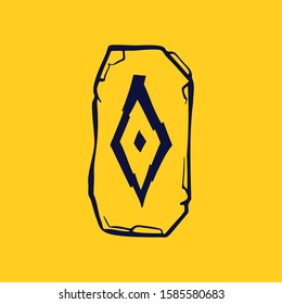 Runic O letter logo from lightnings on fragments of stones. Scandinavian occult symbol, black stamping on the gold background.