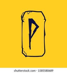 Runic P letter logo from lightnings on fragments of stones. Scandinavian occult symbol, black stamping on the gold background.