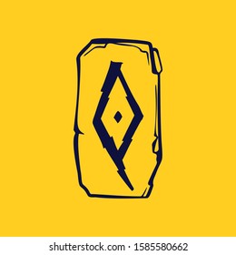 Runic Q letter logo from lightnings on fragments of stones. Scandinavian occult symbol, black stamping on the gold background.