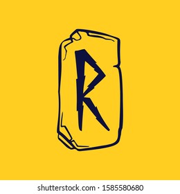 Runic R letter logo from lightnings on fragments of stones. Scandinavian occult symbol, black stamping on the gold background.