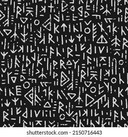 Runic seamless pattern, black white runes - Scandinavian gothic folk art. Ethnic Norwegian, Icelandic background. Runic talismans of the Vikings. Magic and magical runes. Pagan signs. Futhark. 