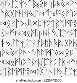 Runic seamless pattern, black white runes, Scandinavian gothic folk art. Ethnic Norwegian Icelandic background. Runes of the Vikings. Magic and magical Pagan signs. Futhark. High quality illustration