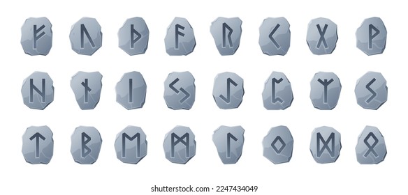 Runic stones. Scandinavian viking sacred runes alphabet, old celtic nordic type letters futark font symbols cartoon style. Vector isolated set of nordic sacred elements illustration