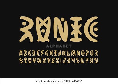 Runic style font design, alphabet letters and numbers vector illustration