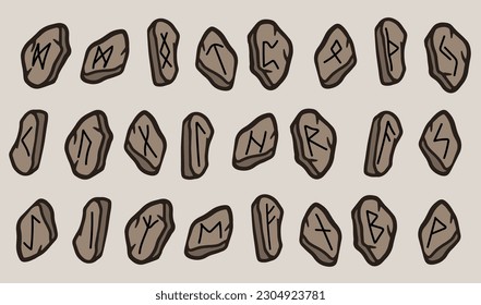 Runic symbol on the stones set. Icon, vector doodle illustration isolated on white for website, book, game design.