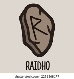 Runic symbol raidho on the stone. Icon, vector doodle illustration isolated for website, book design.