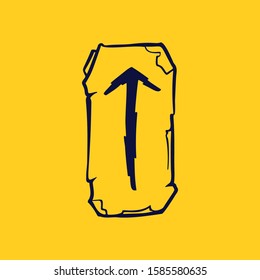 Runic T letter logo from lightnings on fragments of stones. Scandinavian occult symbol, black stamping on the gold background.