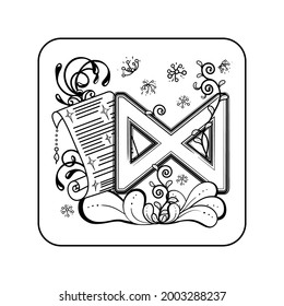 Runic tattoo depicting a symbol of financial well-being, abundance, health and good luck, an ancient Viking sign, a floral pattern in the background