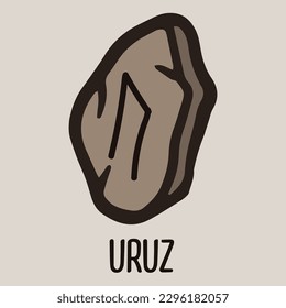 Runic uruz symbol on the stone. Icon, vector doodle illustration isolated for website, book, game, divination design.